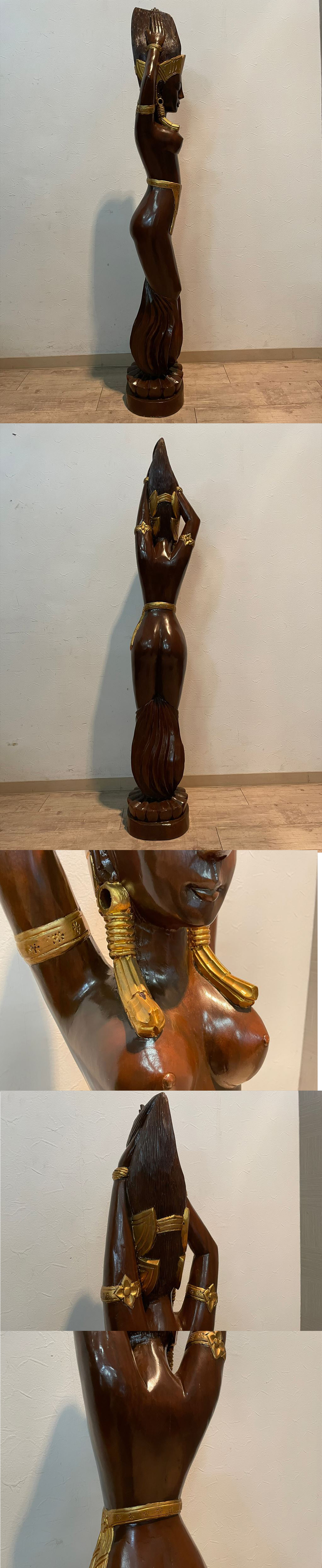【セール人気SALE】存在感抜群 バリ島 美しい女性像 天然無垢材 幅27cm 高さ150cm 木彫り彫刻 東南アジア 女神像 美人像 人形 置物 オブジェ 民族工芸 オブジェ